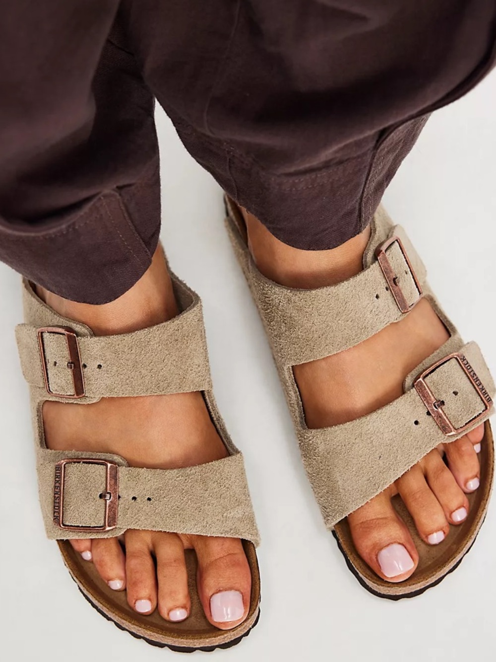 MAKE AN OFFER BIRKENSTOCK BETULA Arizon Suede Double-Buckle Taupe Slide Sandals